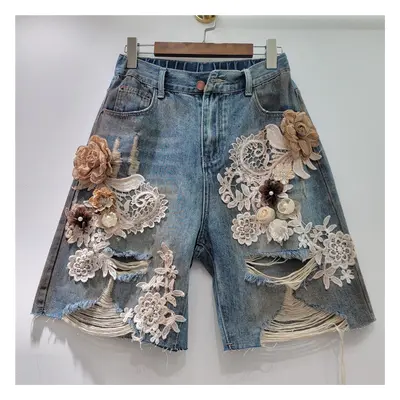 2025 Summer New Niche Lace Flower Stitching Drawing Hole Rhinestone Back Elastic Waist Trendy Cool Denim Shorts