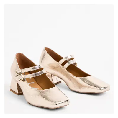Gold Crackle Flared Heel Leather Mary Jane