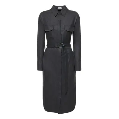 Brunello Cucinelli | Women Belted Wool Flannel Midi Shirt Dress Dark Grey