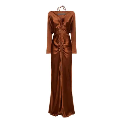 Alberta Ferretti | Women Cut Out Draped Satin L/s Long Dress Bronze