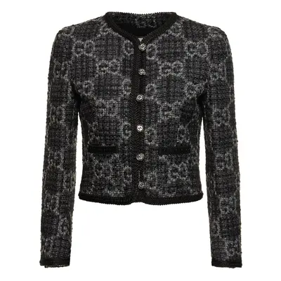 Gucci | Women Gg Wool Blend Tweed Jacket Dark Grey/black