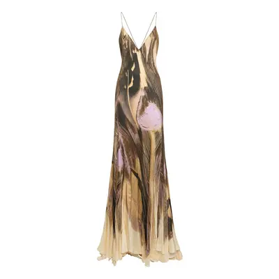 Roberto Cavalli | Women Printed Viscose Satin Long Dress Brown