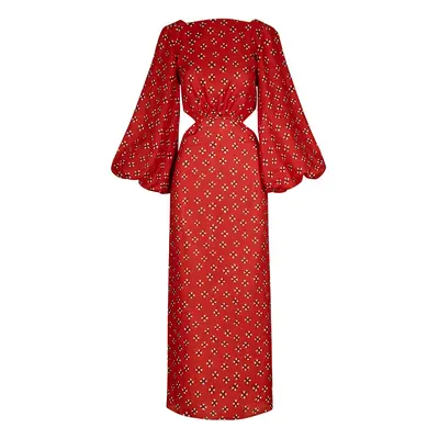 Johanna Ortiz | Women Printed Linen Flared Sleeve Midi Dress Red