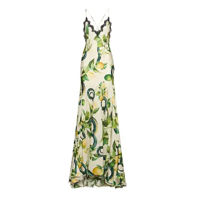 Roberto Cavalli | Women Printed Silk Twill Crisscross Maxi Dress Multi Ivory