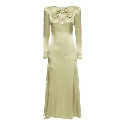 Alessandra Rich | Women Silk Satin Midi Dress W/ Bow & Cutout Light Green