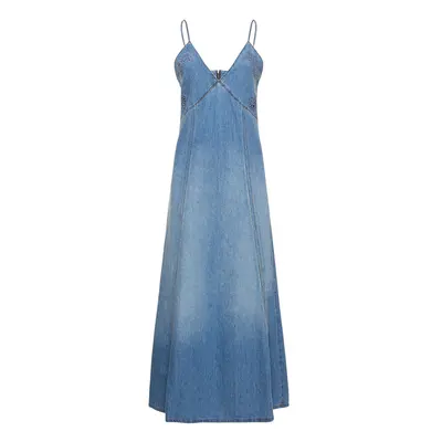 Chloé | Women Embroidered Cotton & Linen Long Dress Blue