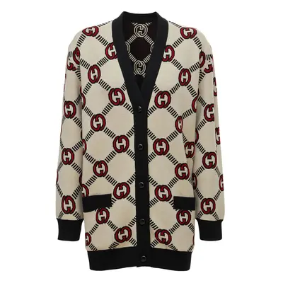Gucci | Women Reversible Wool Blend Jacquard Cardigan Almond/black