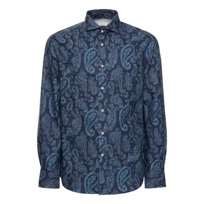 Brunello Cucinelli | Men Paisley Cotton Shirt Ocean Blue