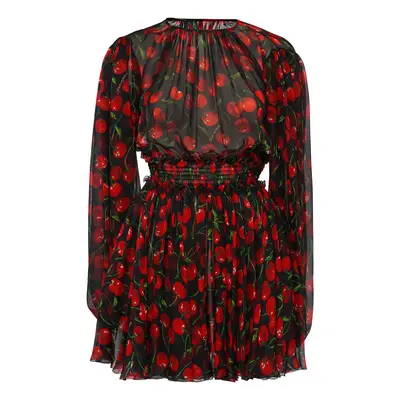 Dolce & Gabbana | Women Cherry Print Silk Chiffon Mini Dress Multicolor