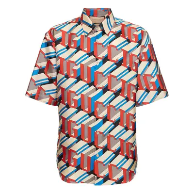 Gucci | Men Pixel Deep On Logo Silk Shirt Ivory/red