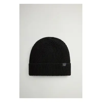 Woolrich Man Beanie in Pure Merino Virgin Wool with Honeycomb Stitch Black