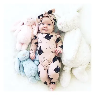 Newborn baby toddler cute bunny head print long-sleeved romper and headband