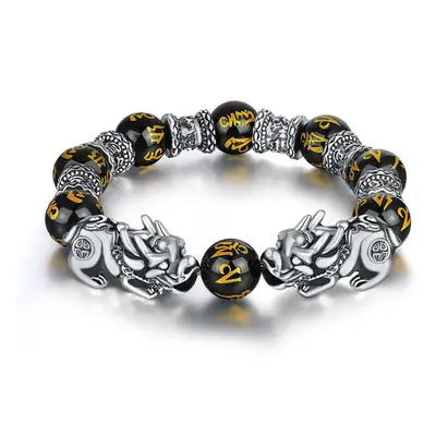 Feng Shui Obsidian Beads Bracelet Silver Color Pixiu Unicorn Charm Lucky Wealth Bracelet for Wom