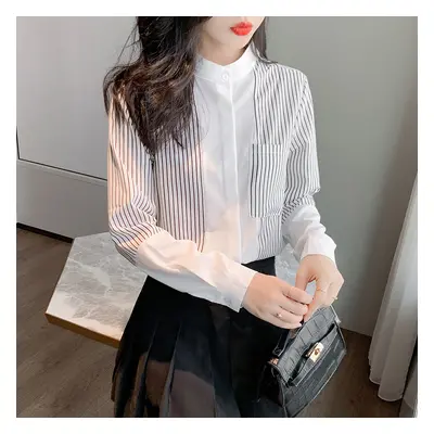 Autumn new style chiffon shirt stripe stitching design shirt retro Hong Kong flavor light cooked