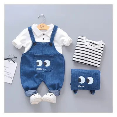 Middle and small children boys and girls autumn simple style striped long-sleeved shirt denim bi