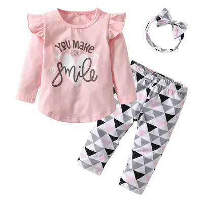 Newborn Baby Girl Clothes Set Fashion Letter Tops And Geometric Print Pants Headband 3Pcs Autumn