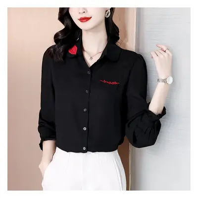 Women's autumn new black embroidered shirt Hong Kong style red lips embroidered long-sleeved chi