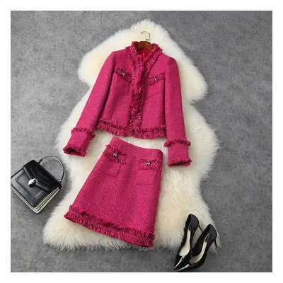 2023 autumn and winter women's clothing new tweed fringed coat high waist pocket skirt suit smal