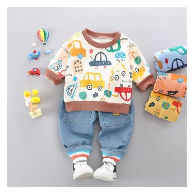 Children's clothing, boys fashion, cartoon style, colorful car pattern, round neck sweater, jean