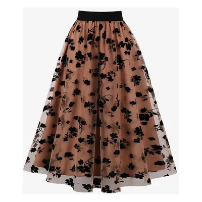 Skirt For Women Coffee Brown Lace Floral Print Mid-calf Length Raised Waist Layered Autumn And W