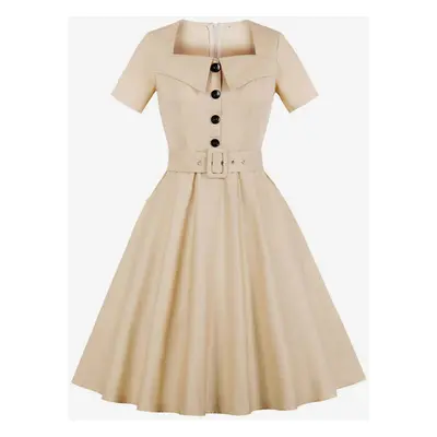 Women Vintage Glamour Dress Short Sleeve Cotton Square Neck Buttons Belt Apricot Summer Dress