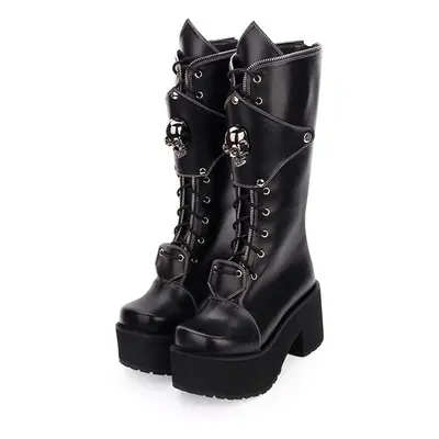 Gothic Lolita Boots Skull Lace Up Platform Chunky Heel Black Lolita Shoes