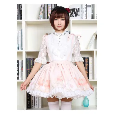 Cute Lolita Dress Sweet Pink Flower Printed Qi Lolita Lace Trim Skirt With Suspender