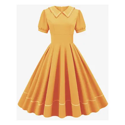 Vintage Glamour Dress 1950s Audrey Hepburn Style Yellow Short Sleeves Turndown Collar Medium Swi