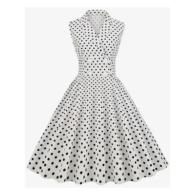 Vintage Glamour Dress 1950s Audrey Hepburn Style V-Neck Sleeveless Polka Dot Swing Dress