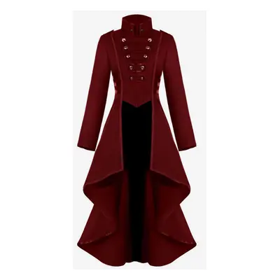 Retro Tudor Dress Costumes Women's Overcoat Dark Red Stand Collar Button Up Ruffle High Low Vint