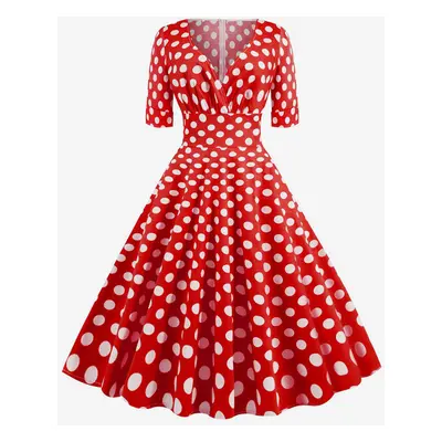 Vintage Glamour Dress 1950s Audrey Hepburn Style Red Polka Dot Short Sleeves V-Neck Swing Dress