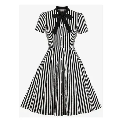 Vintage Glamour Dress 1950s Stripe Bow Tie Short Sleeves Women Swing Retro Dress