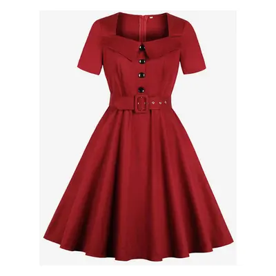 Red Vintage Glamour Dress 1950s Audrey Hepburn Style Square Neck Short Sleeve Buttons Retro Dres