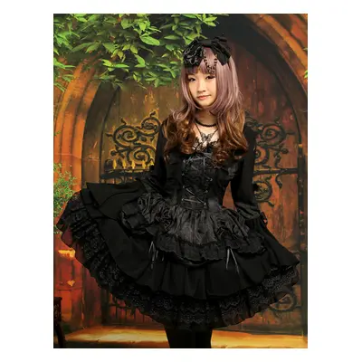 Gothic Black Lolita One Piece Dress Long Hime Sleeves Lace Up Layers Lace Trim