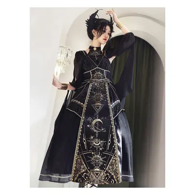 Gothic Lolita Outfits Black Gold Patchwork Short Sleeveless Dress