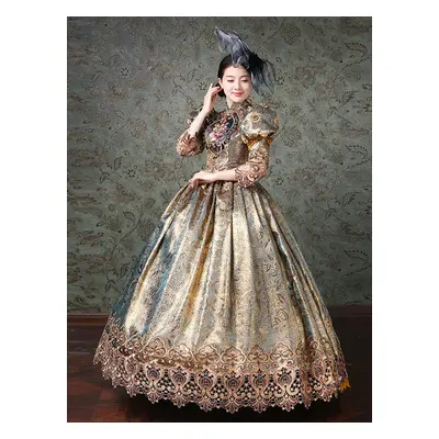 Rococo Victorian Retro Tudor Dress Chinese Style Floral Print Lace 3/4-Length Sleeve Champagne C