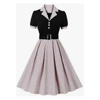 Vintage Glamour Dress Pink Polka Dot 1950s Audrey Hepburn Style Sash Short Sleeves V-Neck Knee L