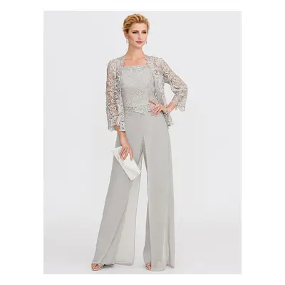 Mother Gowns Of The Bride Bateau Neck Long Sleeves A-Line Lace Light Grey Guest Pants With Sash 