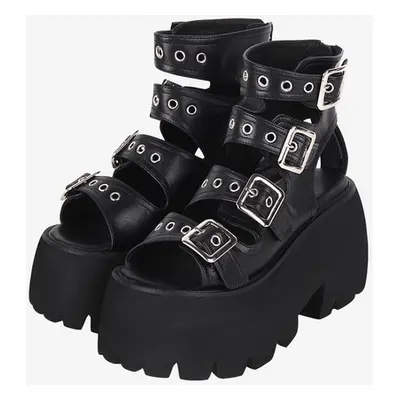 Gothic Lolita Sandals Grommets Peep Toe Metallic PU Leather Black Lolita Summer Shoes