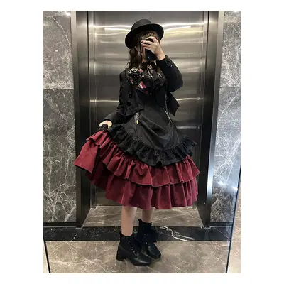 Gothic Lolita Dresses Lace Up Ruffles Color Block Black Black