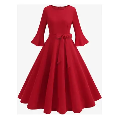 Retro Dress 1950s Audrey Hepburn Style Jewel Neck Sash 3/4 Length Sleeves Medium Red Rockabilly 