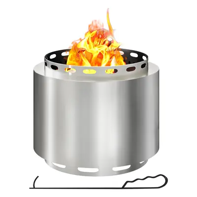 Outsunny Smokeless Fire Pit, 48.5cm Portable Wood Burning Firepit with Poker for Garden Camping Bonfire Party, Stainless Steel, 