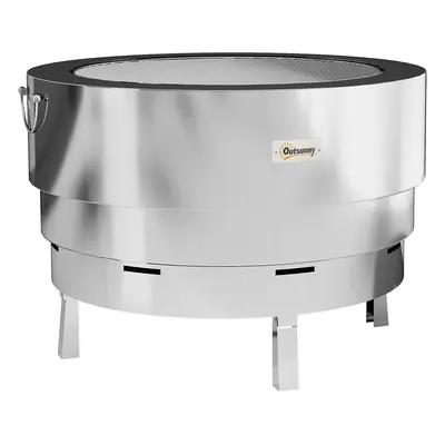 Outsunny Stainless Steel Wood-burning Fire Pit with Fire Poker - Silver