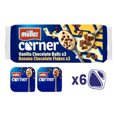 Muller Corner Vanilla Chocolate Balls and Banana Chocolate Flakes Yogurts