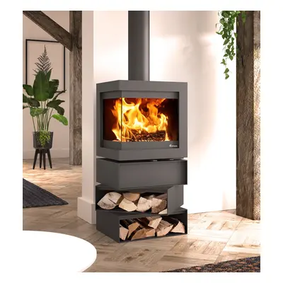 Dik Geurts Bora Corner 6.7kW Wood Burning Ecodesign Stove on Cubes Log Stand
