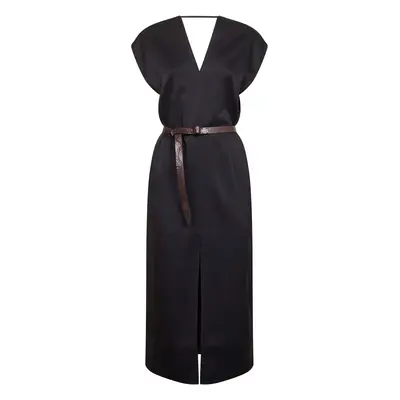 BRUNELLO CUCINELLI | Black cady satin belted midi dress | Women