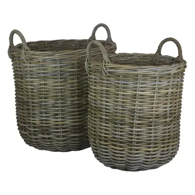 Tall Round Fireside Grey Rattan Log Basket Set 2