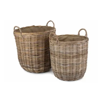 Cordura Lined Tall Round Fireside Grey Rattan Log Basket Set 2