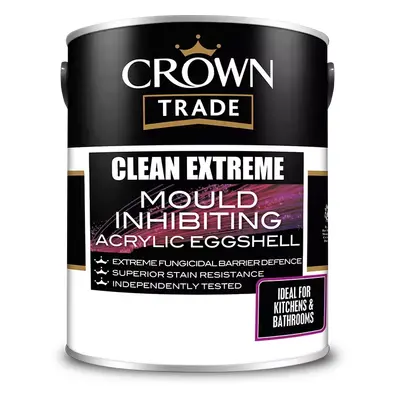 Crown Trade Clean Extreme Mould Inhibiting Acrylic Eggshell, White 5L, Paints, Wall and Ceiling 