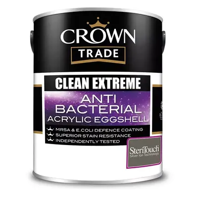 Crown Trade Clean Extreme Anti Bacterial Acrylic Eggshell, White 5L, Paints, Wall and Ceiling Pa